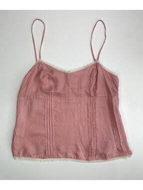 American Eagle 100% Silk Camisole Top 12 Pink Lace Trim Pintuck Boho Romantic